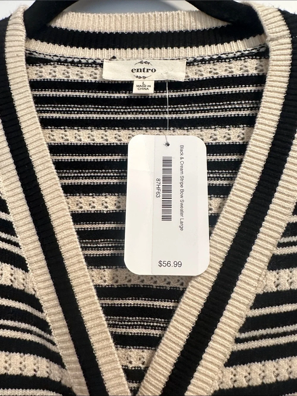 NWT Entro Black and Cream Striped Sweater
